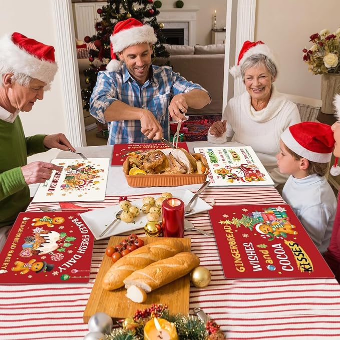 Gingerbread Christmas Placemats Set of 6 Gingerbread Candy Plastic Table Mats Hot Cocoa Place Mats Xmas Gnome Tree Washable Table Decoration for Indoor Outdoor Party Kitchen Dining-HomvellaHome