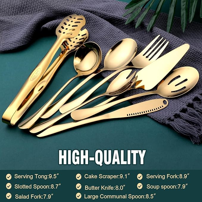 Gold Serving Utensils, OGORI 8-Piece Polished Stainless Steel Flatware Silverware Set Include Serving Spoon, Slotted Spoon, Cake Server, Soup Ladle, Fork, Salad Fork, Butter Knife, Serving Tong-HomvellaHome