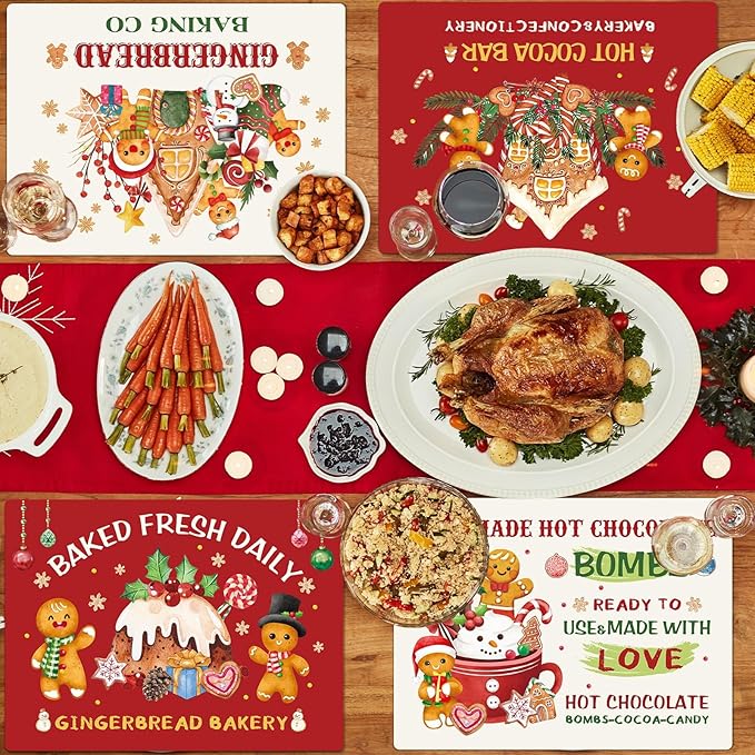 Gingerbread Christmas Placemats Set of 6 Gingerbread Candy Plastic Table Mats Hot Cocoa Place Mats Xmas Gnome Tree Washable Table Decoration for Indoor Outdoor Party Kitchen Dining-HomvellaHome