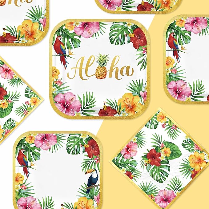 Grencian 200Pcs Hawaiian Luau Party Decorations Aloha Tropical Hibiscus Floral Luau Plates and Napkins Palm Leaf Tableware Sets for Summer Holiday Hawaiian Birthday Dinner Party Supplies Serves 50-HomvellaHome