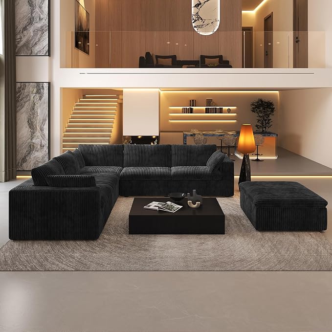 118" 6-Seater Cloud Sofa,Modular Sectional Couch with Ottoman,Modern Deep Seat Upholstered Couches with Corduroy Fabric for Living Room Furniture,Bedroom and Apartment,No Assembly Required,Black-HomvellaHome