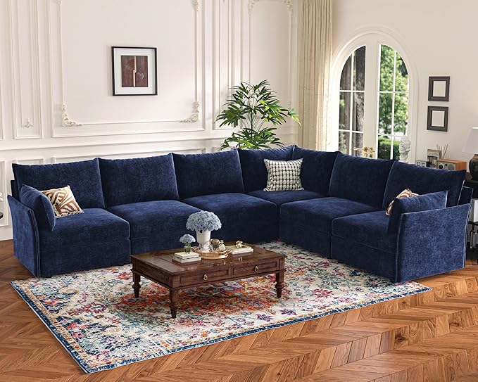 136.4" Oversized Modular Sectional Sleeper Sofa Bed, U Shaped Convertible Couch with Movable Ottoman, Large 8 Seat Corner Couches for Living Room Deep Seat Blue Chenille-HomvellaHome