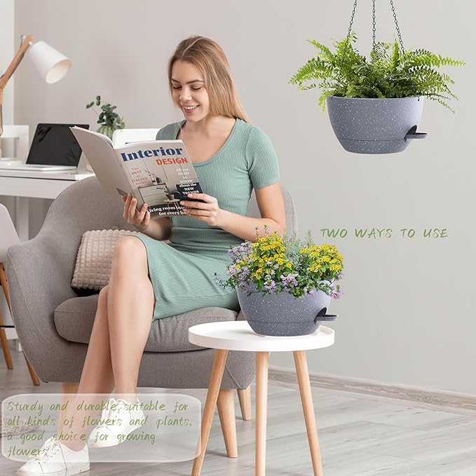 12 Inch Hanging Baskets 2 PC with Chains, Self-Watering Hanging Planters for Indoor Outdoor Plants, Plastic Hanging Flower Pots,Speckled Grey-HomvellaHome