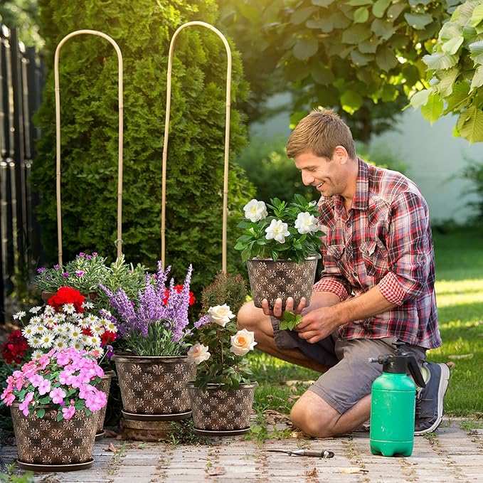 16 Inch Planter Pots for Plants, Plastic Large Flower Pots Indoor Outdoor, 4 Pack Resin Plant Pot with Drainage & Saucer, Retro Decorative Garden Pot with Removable Trays for House-HomvellaHome