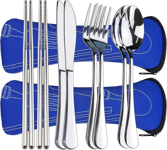 10PCS Portable Silverware Set with Case, Lengnoyp Travel Camping Utensils Set, Premium Stainless Steel Travel Cutlery Set, Reusable Safe Flatware Sets for Lunch Box/Workplace/Students, Silver-HomvellaHome