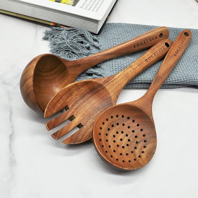 GreyWooden Kitchen Utensil Set, 6Pcs Wooden Cooking Utensils for Non-Stick Pan, 100% Natural Teak Wooden Spatula-HomvellaHome