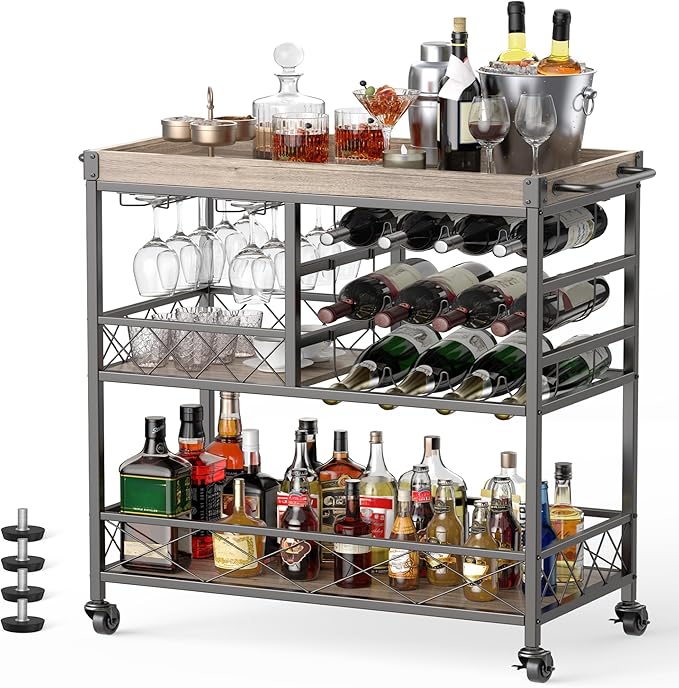 Gizoon Rolling Bar Cart, a Versatile Beverage Cart with a Removable Tray, 12-Bottle Wine Rack, and Glass Holder, The Bar Cart is Perfect for Kitchen, Dining Room, or Outdoor Use (Gray)-HomvellaHome
