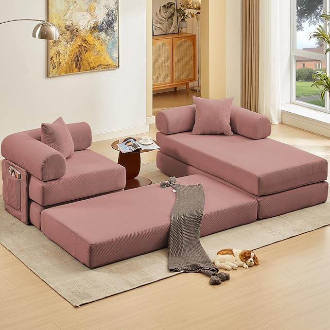 107" Oversized Convertible Sleeper Sofa Bed, Corduroy L Shape Sectional Couch, Folding Sofa Bed with Side Pocket, Modern Cloud Floor Mattress Couch, Modular Sofa for Living Room, Pink-HomvellaHome