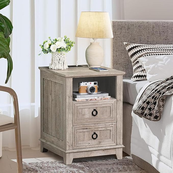 18" Farmhouse Night Stands Set of 2 with Charging Station, 2 & 3 Drawers End Table Dresser for Bedroom, Oak Wooden Nightstand, Bed Side Table with Open Shelf, Bedside Cabinet for Living Room-HomvellaHome