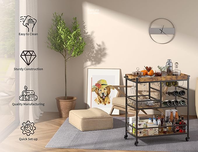 Gizoon Bar Cart, 3 Tier Coffee Cart with Lockable Wheels, 12-Bottle Wine Rack, and Hanging Glass Holder, Kitchen Rack with Removable Tray, for Kitchen, Dining Room, Entertaining, Club Party,Retro-HomvellaHome