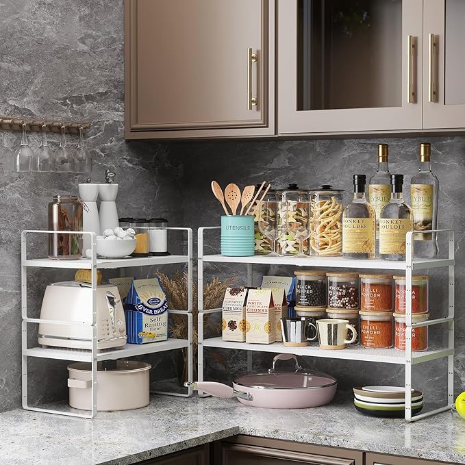 16.5~27.1" Expandable Shelf Organizer, 2Pack 8.1" Wide Stackable Cabinet Shelf Organizers, White Metal Sturdy Kitchen Counter Storage for Countertop, Adjustable Height Spice Rack-HomvellaHome