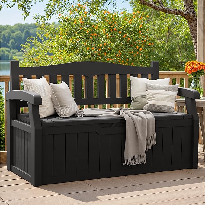 Greesum 80 Gallon Storage Bench Outdoor Deck Box with Armrest, Patio Furniture,Lockable, Waterproof and UV Resistant, Suitable for Garden, Pool, Black-HomvellaHome