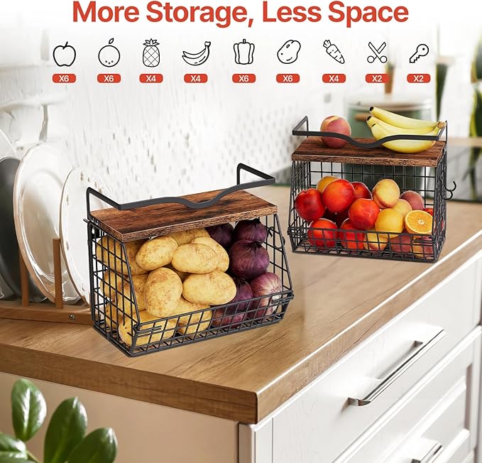 2 Pack Fruit Bowl Hanging Fruit Basket for Kitchen Counter ,Stackable Wire Baskets for Onion Storage and Potato Storage with Wood Lid,Vegetable Fruit Basket with Banana Hooks-HomvellaHome