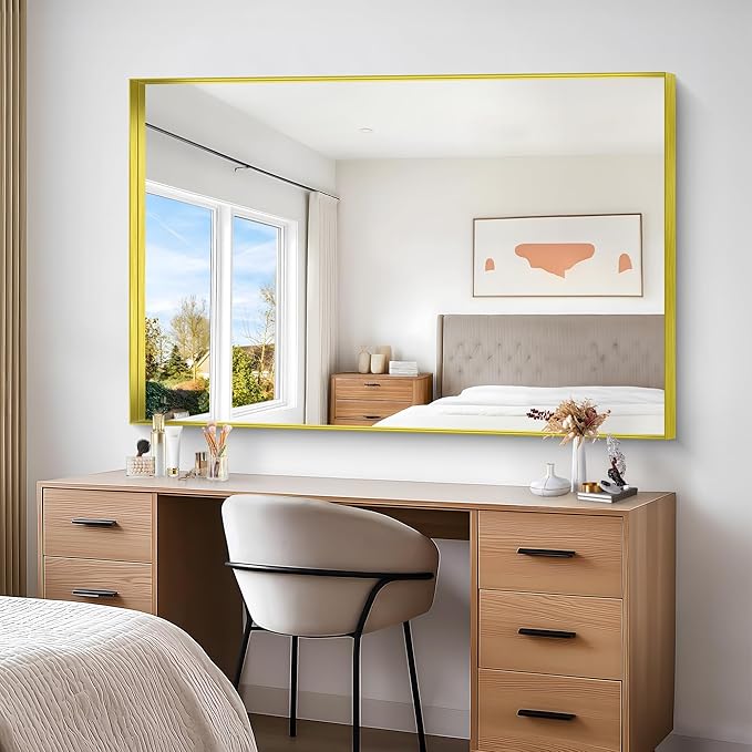 Gold Bathroom Mirror, 60x40 Inch Rectangular Framed Mirror, Large Wall Mounted Bathroom Vanity Mirror Over Sink for Bedroom,Restroom, Living Room, Hangs Vertically or Horizontally-HomvellaHome