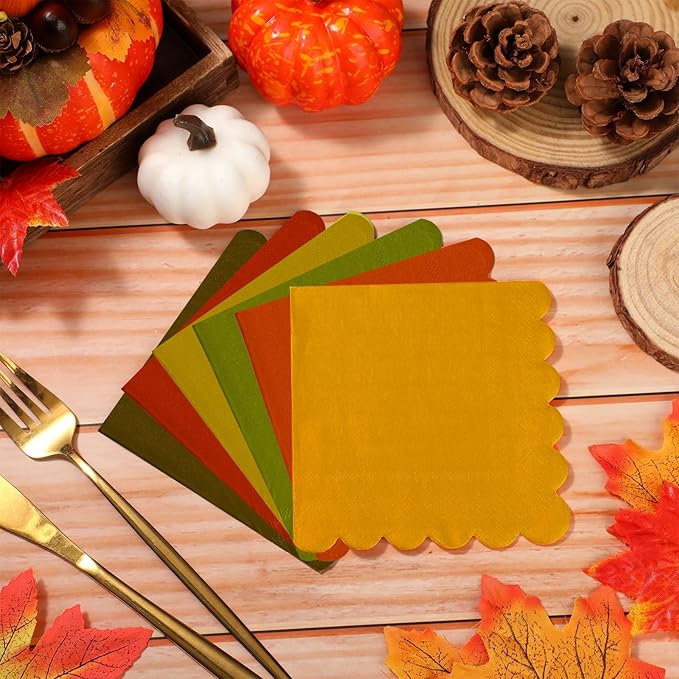 150 Pcs 5 x 5 Inches Fall Thanksgiving Paper Napkins Scalloped Cocktail Napkins Disposable Autumn Harvest Party Supplies Dessert Beverage Bathroom Table Dinner Wedding Decor-HomvellaHome