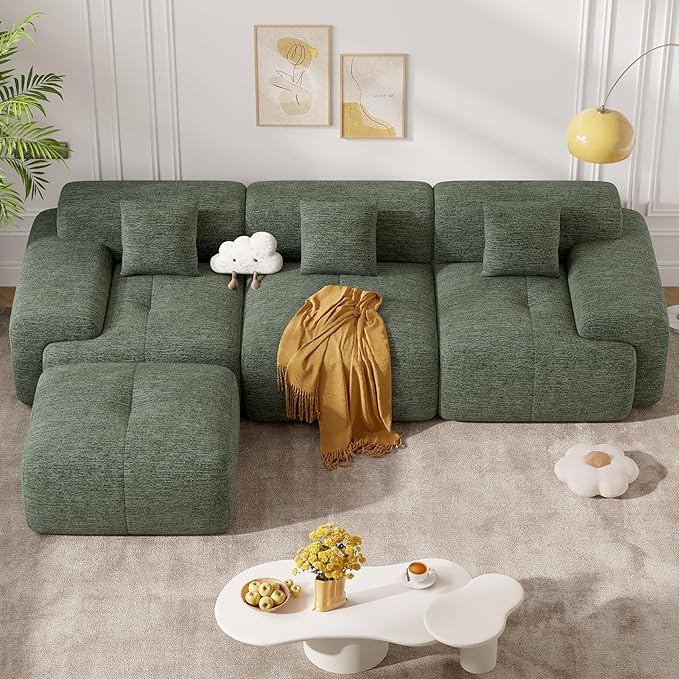 122" Modern L Shaped Modular Sectional Sofa, Boneless Couches for Living Room with Ottoman,4 Seater Convertible Chenille Cloud Couch Sofa Set, No Assembly Required, Green 1 PCS-HomvellaHome