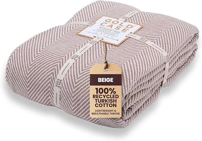 Gold Case Throw Blanket for Bed – 100% Recycled Turkish Cotton Bed Blanket – Decorative Throw Cotton Blankets for Living Room & Bedroom – Woven Twin Blankets - 71x90 - Elegant Beige-HomvellaHome