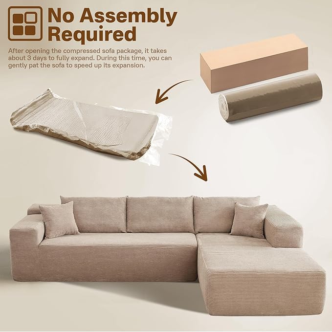 104" Cloud Sectional Couches for Living Room,L Shaped Boneless Couch in A Box,Sleeper Sofa with Comfy Chaise No Assembly Required,Camel-HomvellaHome