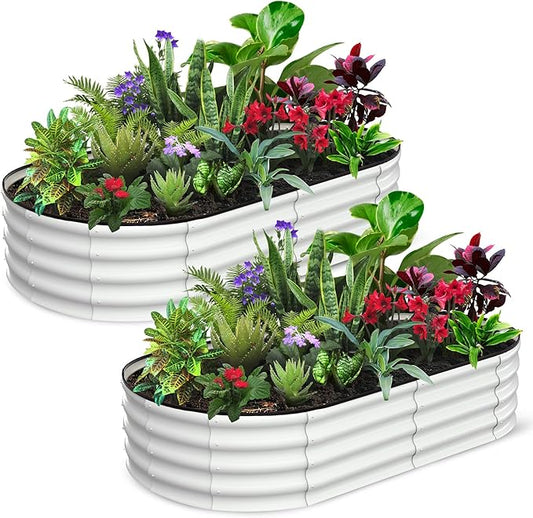 2 Pcs 6x3x1ft Oval Raised Garden Bed, Galvanized Raised Beds,Open-Ended Base Metal Raised Planter Beds,Garden Bed Outdoor,Planter Raised Boxes for Vegetables, Flowers,Tool-Free Asse,White-HomvellaHome