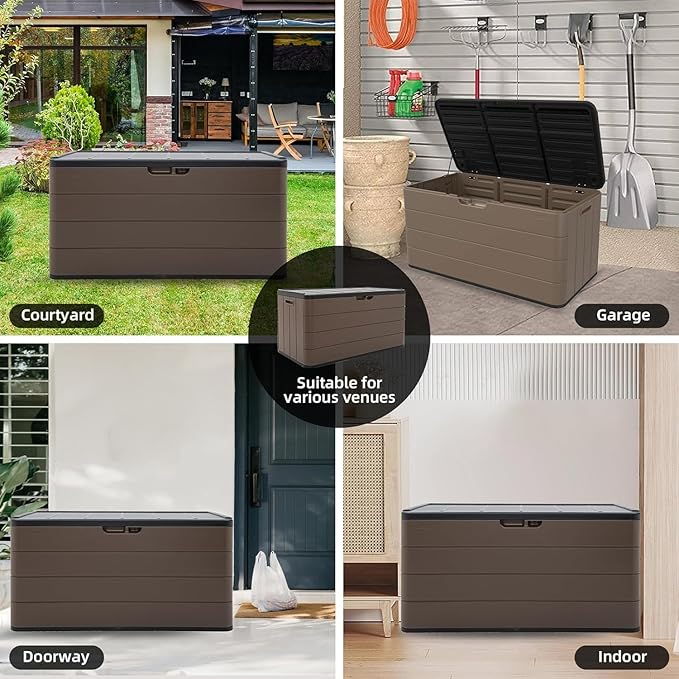 100 Gallon Plus Outdoor Storage Box Waterproof Lockable Resin Deck Box Large, Patio Storage Bin for Pool Accessories Cushion Furniture, Garden Tools, UV-Resistant Outside Delivery Brown-HomvellaHome