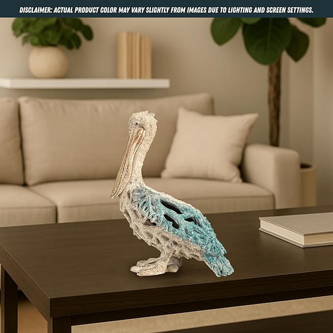 Blue Pelican Standing Figurine 13.75” Coastal Coral Reef Home Decor Nautical Beach Statue for Tabletop Shelf or Mantel Ocean Inspired Room Accents-HomvellaHome