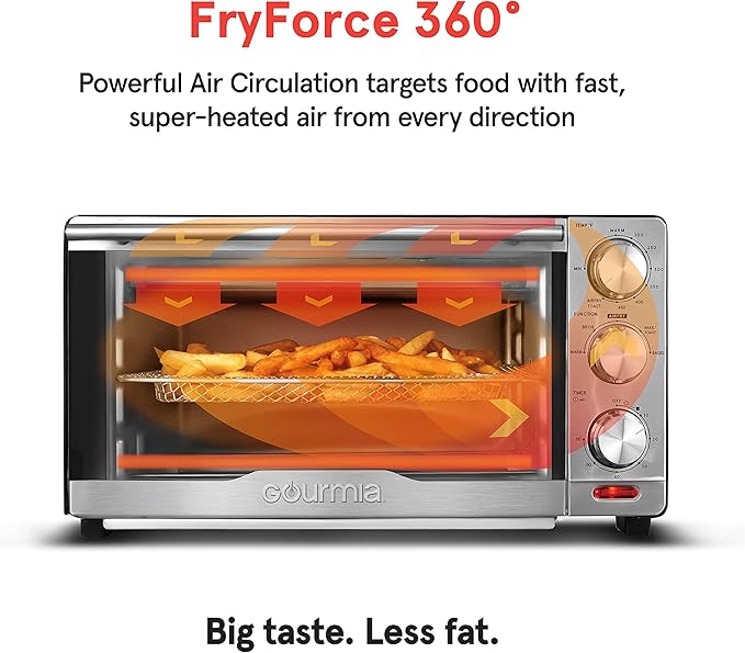Gourmia GTF7350 6-in-1 Multi-function, Stainless Steel Air Fryer Oven - 6 Cooking Functions - Fry Basket, Oven Rack, Baking Pan & Crumb Tray, Included + Recipe Book-HomvellaHome