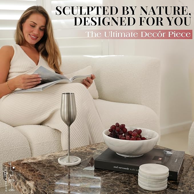 Gusto Nostro 8" Luxury White Marble Decorative Bowl for Coffee Table - Elegant Modern Fruit Bowl for Kitchen Counter - Heavy Stone Entryway Catch all for Keys, Jewelry, Potpourri Holder - Medium Size-HomvellaHome