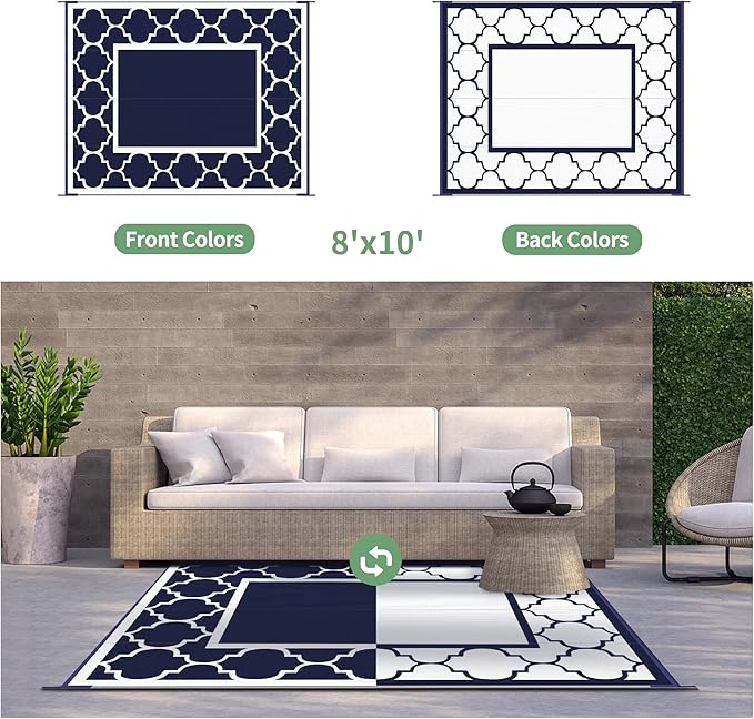 GENIMO Outdoor Rug 8' x 10' Patio Waterproof, Foldable Reversible Plastic Straw Area Rugs Mat for Camper Decor, Outside Carpet for Rv, Deck, Porch, Picnic, Beach, Balcony, Blue & White-HomvellaHome