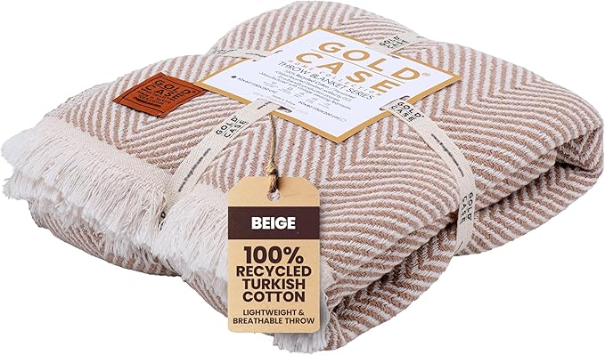 Gold Case Throw Blanket for Couch – 100% Recycled Turkish Cotton Blankets & Throws – Elegant Decorative Throw Blankets for Living Room Sofa – Woven Throws for Couch – Elegant Beige – 60x80-HomvellaHome