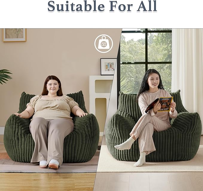 Giant Plush Bean Bag Chair for Adults with Armrests - Oversized Comfy Green Beanbag Lounge Lazy Floor Sofa Accent Chair for Living Room, Bedroom & Dorm, Cozy Fluffy Single Cloud Mini Couch-HomvellaHome