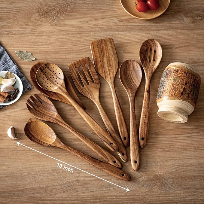 Gudamaye 13 inch Long Wooden Spoons for Cooking,Wooden Utensils for Cooking with Utensils Holder,9 PCES Wooden Kitchen Utensils Set with Utensils Holder and Spoon Rest,Natural Teak Wooden Spoons Set-HomvellaHome
