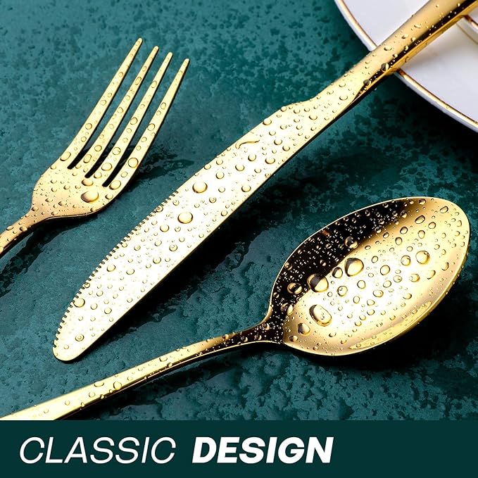 Gold Silverware Set for 8, OGORI 45-Piece Stainless Steel Flatware Set with Serving Set, Mirror Polished Cutlery Set with Serving Utensils Spoon for Kitchen Party Supply-HomvellaHome