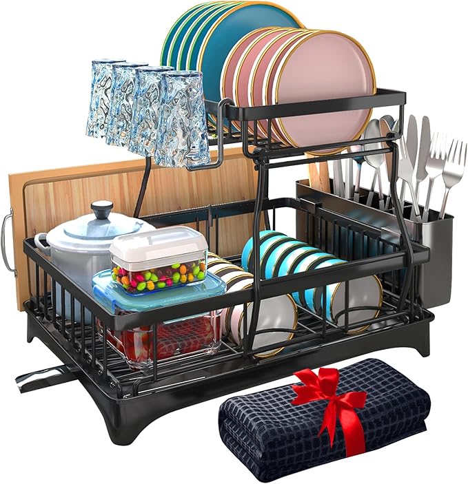 Godboat Dish Drying Rack, 2-Tier Dish Rack with Auto-Drain & Mat, Dish Racks for Kitchen Counter, Dish Drainer with Knife, Fork & Cup Rack, Gifts for Women, Mothers Day, Cool Stuff & Kitchen Gadgets-HomvellaHome