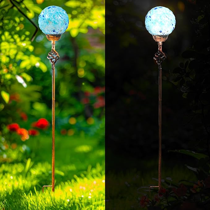 Garden Solar Lights, Decorative LED Honeycomb Glass Ball Garden Stake, Glass and Metal Outdoor Decoration, 4 x 31 Inch (Light Blue)-HomvellaHome