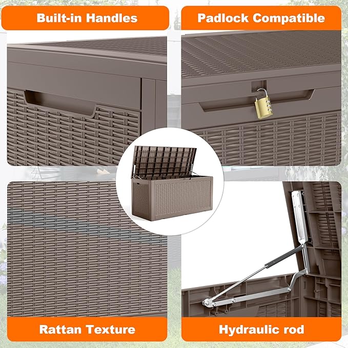 100 Gallon Resin Deck Box, Lockable Patio Outdoor Storage Box for Furniture, Garden Tools and Tools Storage, Waterproof Outside Storage Boxes - Grey-HomvellaHome