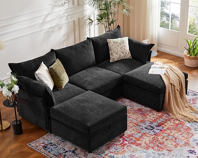 102.6" U Shaped Modular Sectional Sofa, 5 Seater Couch with Storage Ottoman Deep Seat and High Backrest with Removable Cover for Living Room, Apartment - Chenille Black-HomvellaHome