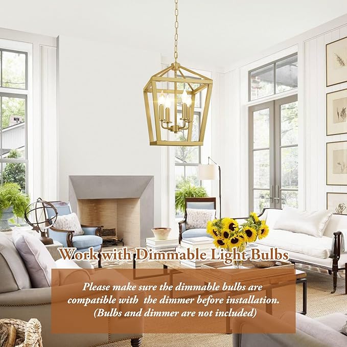Gold Chandelier 4-Light, Farmhouse Pendant Light Fixture Adjustable Height, Modern Dining Room Light Fixture, Lantern Ceiling Hanging Lighting with Metal Cage for Kitchen Island Entryway Foyer-HomvellaHome