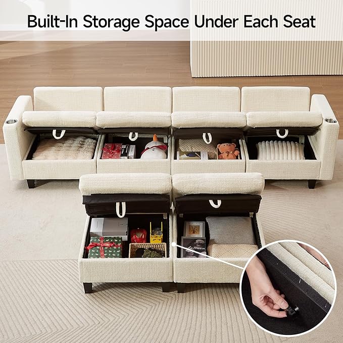 110" Modular Sectional Sofa, Convertible Sleeper Sofa Couch Bed with Adjustable Backrest, U-Shaped Chenille Cloud Couch with Ottoman Storage, Deep Seat Couches for Living Room,Beige-HomvellaHome