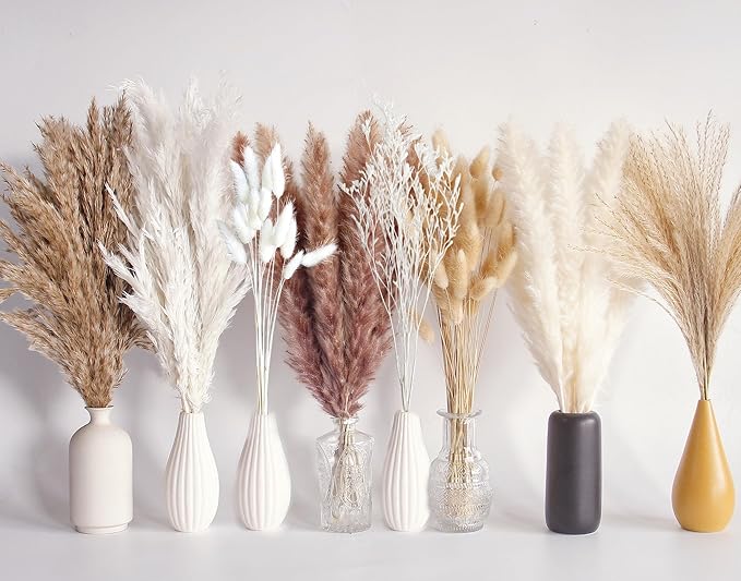 128 PCS Dried Pampas Grass Bouquet, Boho Table Decor, Bunny Tails Dried Flowers, Brown Pampas, White Pampas Grass for Weddings, Home Decor, Rustic Parties, and Baby Shower Decorations-HomvellaHome