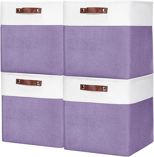 13x13 Cube Storage Bins, Collapsible Fabric Storage Box, 4 Pack Closet Baskets with Handles for Organizing, Shelf, Toys, Clothes, Home, Office, Nursery (Purple&White)-HomvellaHome