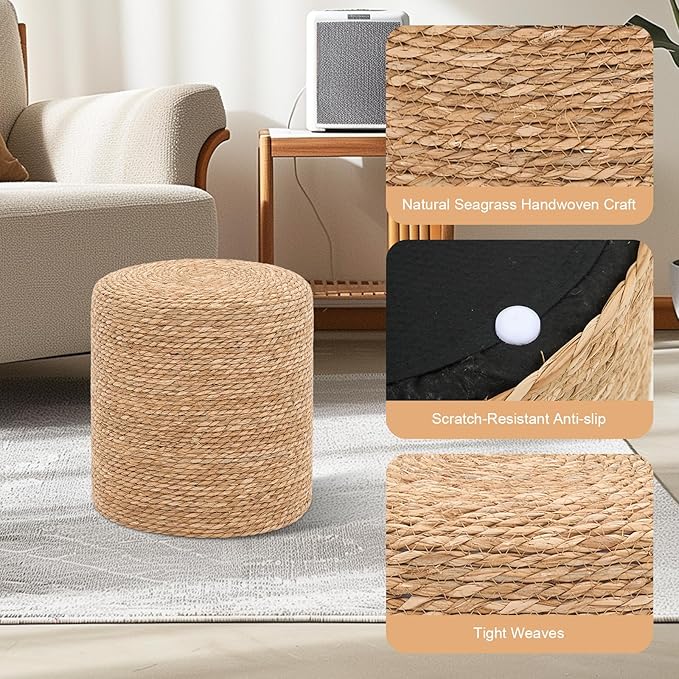 16'' Round Ottoman Natural Seagrass Braided Poof Hand Weaving Round Ottomans Boho Footrest Stool for Home Living Room Bedroom Patio(Natural)-HomvellaHome