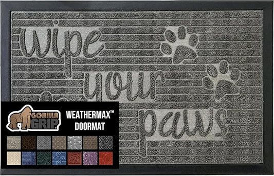 GORILLA GRIP 100% Waterproof All-Season WeatherMax Doormat 35x23, US Designed Natural Rubber, Stain and Fade Resistant, Low Profile Indoor Outdoor Door Mats, Easy Clean Patio Mat, Stone Paws-HomvellaHome