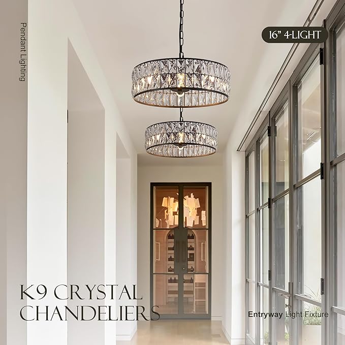 16” 4-Light Modern Crystal Chandeliers Black Dinning Room Light Fixture, Round Pendant Light Kitchen Island Chandelier, Flush Mount Ceiling Light for Living Room Entryway Bedroom Foyer-HomvellaHome