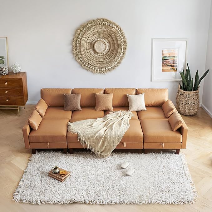 128'' Sleeper Couch, Large Sofa Bed with Storage, Faux Leather 8 Seater Sofa, Mid Century Modern Couch Sofa for Living Room, Guest Room, House, Apartment, Office, Loft, Tan-HomvellaHome