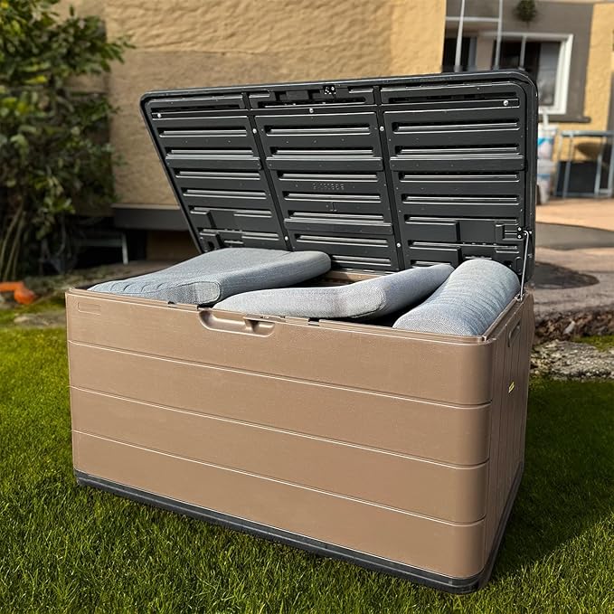 100 Gallon Plus Resin Deck Box, Waterproof Outdoor Storage Bin for Patio Furniture, Pool Accessories, and Garden Tools, Lockable & UV-Resistant, Brown-HomvellaHome