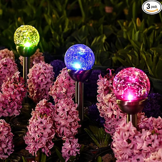 GIGALUMI Solar Outdoor, Cracked Glass Ball Solar Garden Lights, Color Changing Lights Outdoor,Garden LED for Path, Patio, Yard, 3 Pack Pathway-HomvellaHome