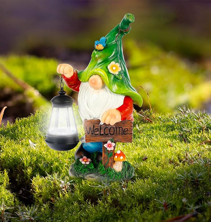 Garden Gnome Statue, Resin Figurine with Bright Solar Lantern Lights and Welcome Sign, Outdoor Solar-Powered Illumination Yard Art Decorations for Indoor Outdoor Patio Lawn Garden Room-HomvellaHome