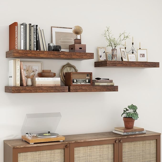 12 Inch Deep Floating Shelves for Wall | 30 Inch Floating Shelves Set of 2 | Rustic Wood Shelves for Living Room Bathroom Laundry Room Bedroom Kitchen Home Office - Rustic Brown-HomvellaHome