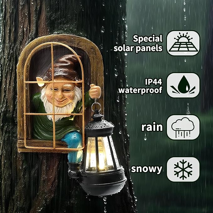 Garden Gnome Decor Outdoor Statue - Gnome With Solar Waterproof Lantern, Whimsical Elf Out The Door Tree Hugger Garden Statues, Home, Fence, Patio, Resin Ornament, Gardening Gift Tree Faces Gnomes-HomvellaHome