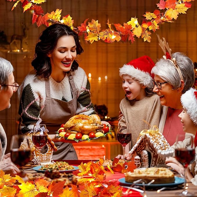 2 Pack Fall Decor Maple Leaves Garland with Lights Battery Operated Fall Thanksgiving Decorations Garland for Home Porch Front Door Table Mantle Outdoor Autumn Harvest Halloween Decor, 11.8Ft 40LED-HomvellaHome